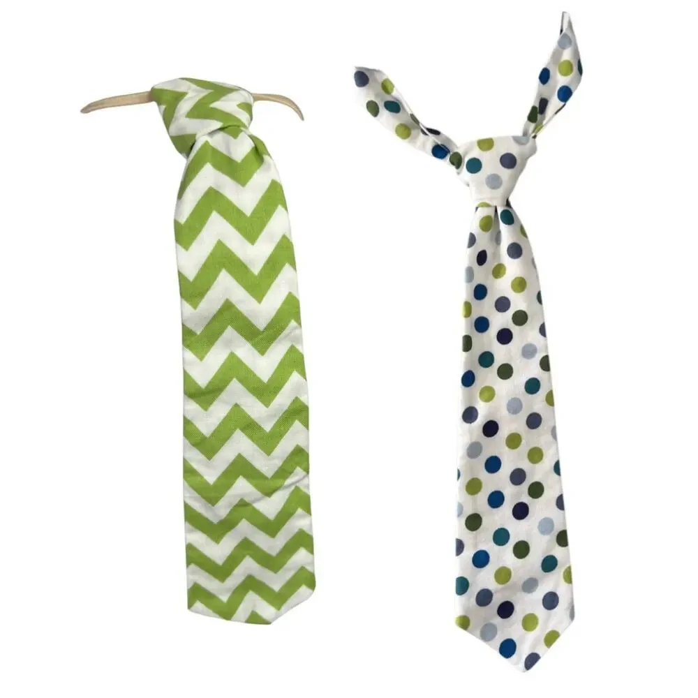 Boys Adjustable‎ Neckties Set of 2 Green White Polka Dots Chevron 2-5 Years Old